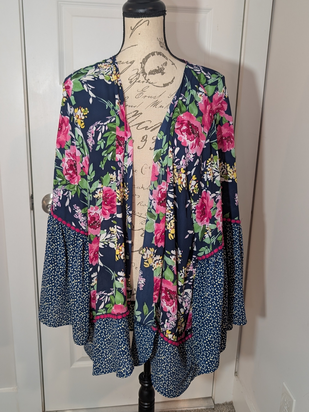 The Pioneer Woman Navy Cardigan/Kimono with Pink Floral Print Size L/XL